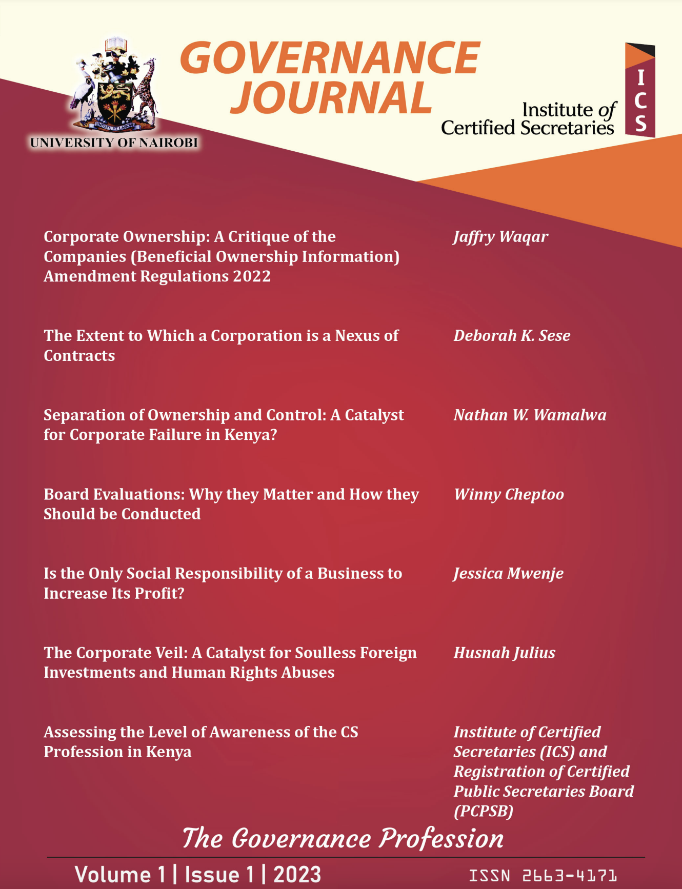 					View Vol. 1 No. 1 (2023): Governance Journal
				